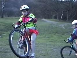 Paul Oakley demonstrates his cycling skills on Spitchwick Common